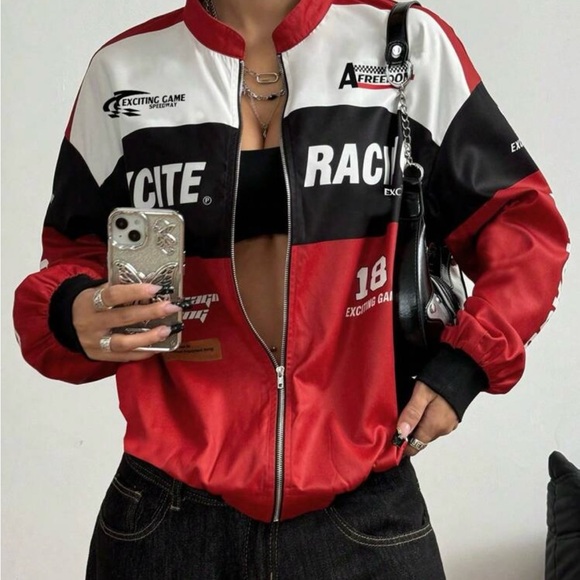 SHEIN | Jackets & Coats | Shein Red And Black Racing Bomber Jacket Mp ...